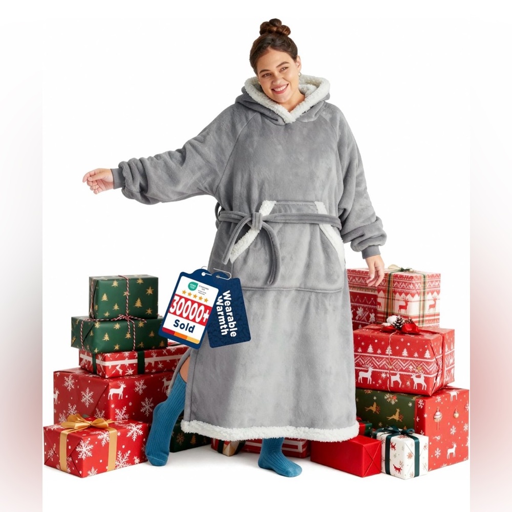 Cozy Gray Wearable Blanket Sweatshirt with Hoodie